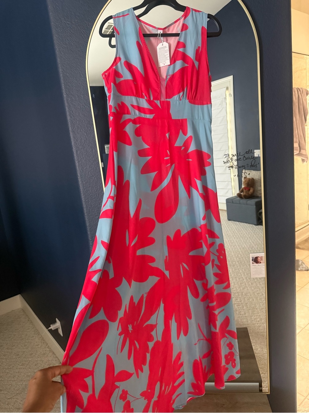 V-Neck Sleeveless Maxi Dress in Sky Blue with Bold Pink Floral - Picture 2 of 4